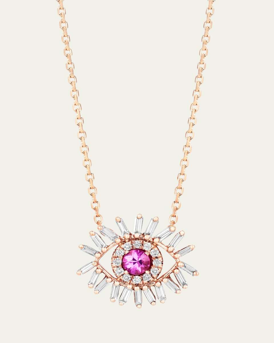 18k Rose Gold Mini Pink Sapphire Evil Eye Pendant Necklace with Diamonds